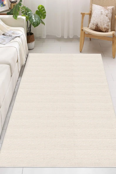 Modern Minimalist Yatay Çizgili Beyaz Dijital Baskılı Yıkanabilir Kaymaz Taban Salon Halısı Yolluk 120 x 180 cm Krem ürün görseli 1