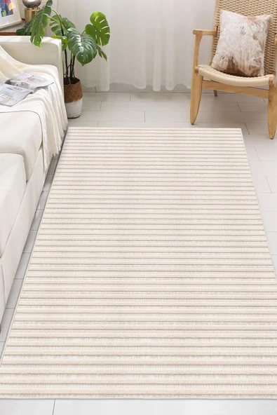 Minimalist İnce Yatay Çizgili Gri Dijital Baskılı Yıkanabilir Kaymaz Taban Salon Halısı Yolluk 200 x 250 cm Krem ürün görseli 1