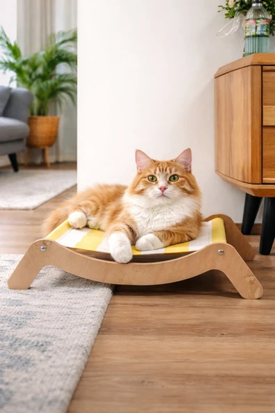 Ahşap Kedi Yatağı – Yıkanabilir Hamak Tasarım-Modern İç Mekan Kedi Yuvası-MeoWood ürün görseli 1