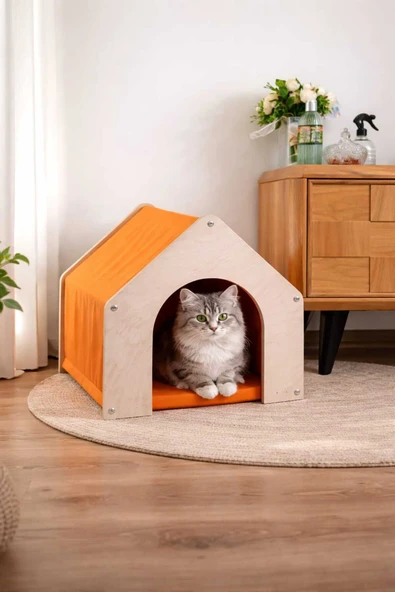 Ahşap Kedi Evi –Renkli Kumaş - Modern İç Mekan Kedi Yuvası - ürün görseli 1