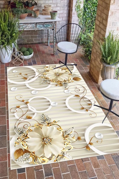 Krem Çiçek Desenli Baskılı Kaymaz Yıkanabilir Salon Oturma Odası Mutfak Halısı Yolluk 100 x 150 cm Krem ürün görseli 1