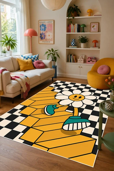 Pinterest Papatya Figürlü Baskılı Kaymaz Yıkanabilir Salon Oturma Odası Mutfak Balkon Halısı Yolluk 100 x 250 cm Sarı ürün görseli 1