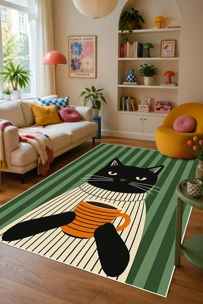Pinterest Kedi Desenli Baskılı Kaymaz Yıkanabilir Salon Oturma Odası Mutfak Balkon Halısı Yolluk 200 x 400 cm Yeşil ürün görseli 1