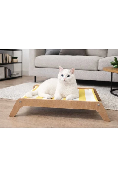 Ahşap Kedi Yatağı – Yıkanabilir Hamak Tasarım (Sarı Beyaz)-Modern İç Mekan Kedi Yuvası-MeoWood ürün görseli 1