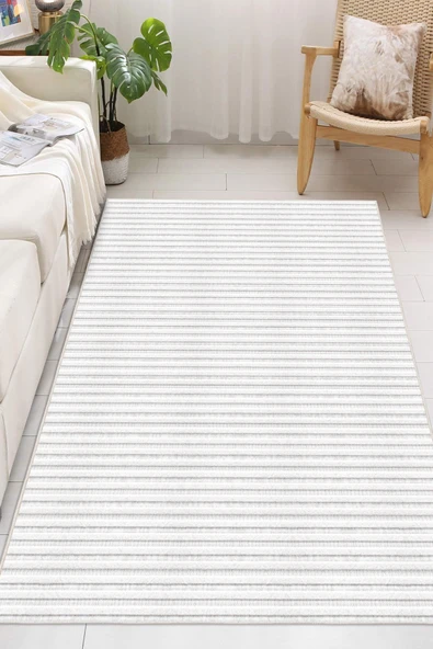 Minimalist İnce Yatay Çizgili Gri Dijital Baskılı Yıkanabilir Kaymaz Taban Salon Halısı Yolluk 100 x 250 cm Beyaz ürün görseli 1