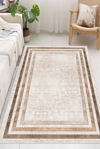 Modern Dijital Baskılı Halı Makinede Yıkanabilir Kaymaz Taban Oturma Odası Salon ve Yolluk halı 200 x 400 cm Krem ürün görseli 1