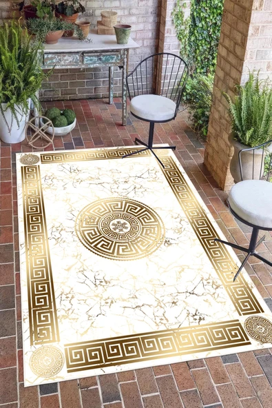 Çerçeveli Klasik Mermer Desen Baskılı Kaymaz Yıkanabilir Salon Oturma Odası Antre Halısı Yolluk 80 x 150 cm Gold ürün görseli 1