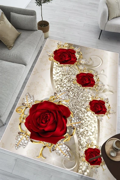 Gül Desenli Baskılı Kaymaz Yıkanabilir Salon Oturma Odası Mutfak Halısı Yolluk 100 x 250 cm Kırmızı ürün görseli 1