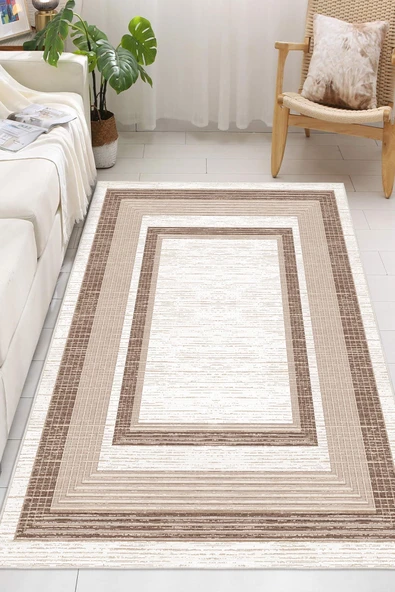 Kahverengi Çerçeveli Baskılı Kaymaz Yıkanabilir Salon Oturma Odası Mutfak Antre Halısı Yolluk 100 x 150 cm Kahverengi ürün görseli 1