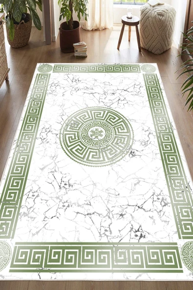 Çerçeveli Klasik Mermer Desen Baskılı Kaymaz Yıkanabilir Salon Oturma Odası Antre Halısı Yolluk 100 x 400 cm Yeşil ürün görseli 1