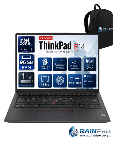 Thinkpad E14 Gen6 Intel Core Ultra 5 125U 96 GB DDR5 1 TB SSD Intel® 14'' Wuxga IPS Windows 11 Pro Taşınabilir Bilgisayar 21M7009RNP30 ürün görseli 1