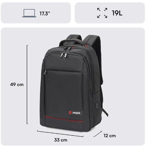 Mack MCC-007 17.3" Office USB Girişli Notebook Sırt Çantası Siyah (Dahili USB Şarj Portu) ürün görseli 1