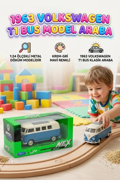 Welly 1:24 Ölçekli Lisanslı Orjinal 1963 Volkswagen T1 Bus Kapıları Açılabilir Model Oyuncak Araba ürün görseli 1