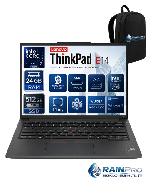 Thinkpad E14 Gen6 Intel Core Ultra 7 255H 24 GB DDR5 512 GB SSD Intel® 14'' Wuxga IPS Windows 11 Pro Taşınabilir Bilgisayar 21SX007RNP05 ürün görseli 1