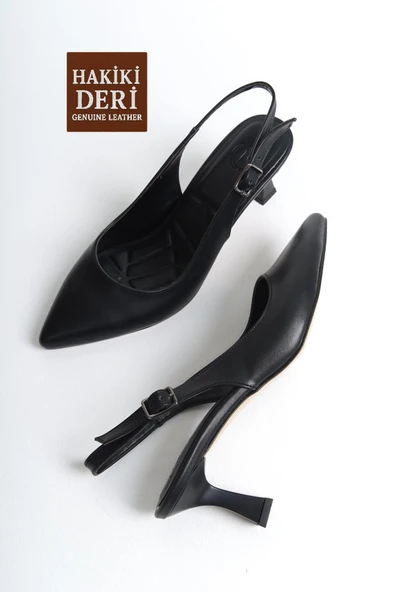Siyah Hakiki Deri Arkası Açık Burnu Sivri Stiletto Kadeh Topuk Ayakkabı Dkas ürün görseli 1
