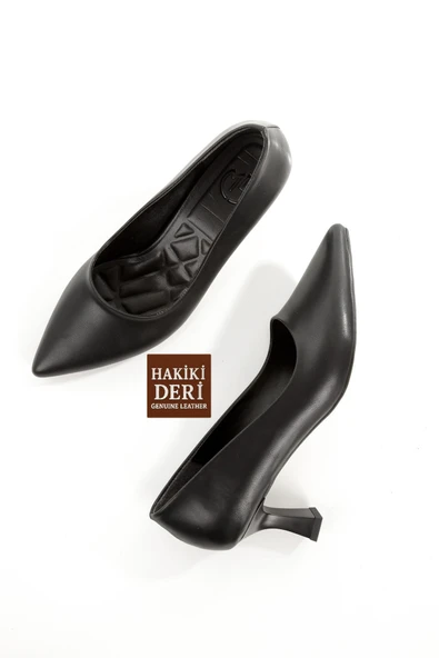 Siyah Hakiki Deri Stiletto Kadeh Topuklu Sivri Burun Kadın Ayakkabı DKandy ürün görseli 1