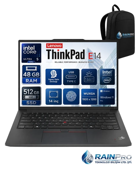Thinkpad E14 Gen6 Intel Core Ultra 5 125U 48 GB DDR5 512 GB SSD Intel® 14'' Wuxga IPS Windows 11 Pro Taşınabilir Bilgisayar 21M7009RNP17 ürün görseli 1