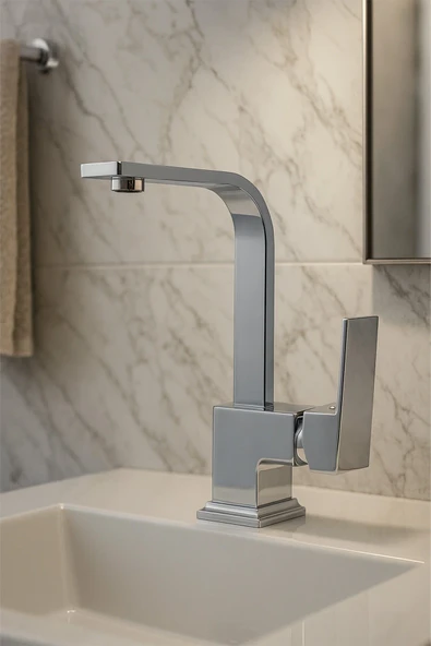Kısa Krom Lüx Köşeli Mix Aç Kapa Banyo Lavabo Bataryası ürün görseli 1