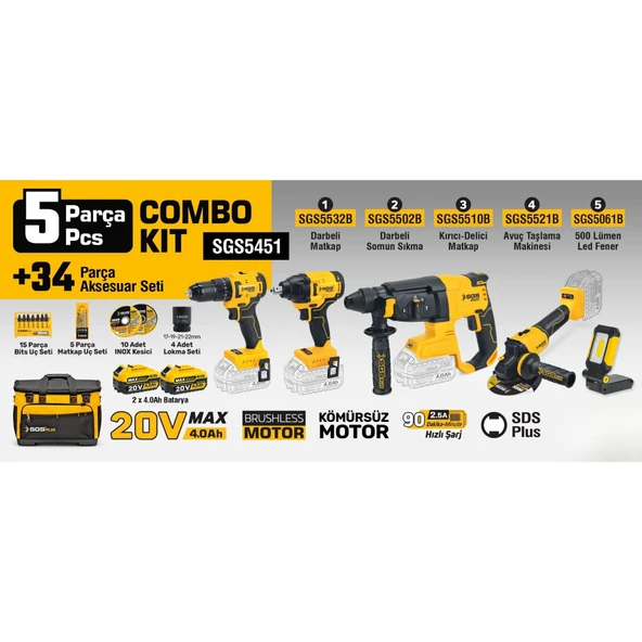 SGS COMBO SET 5 PARÇA (Darbeli Matkap/Kırıcı-Delici Matkap/Avuç Taslama Makinesi/Darbeli Somun Sıkma/Led Fener) SGS5451 ürün görseli 1