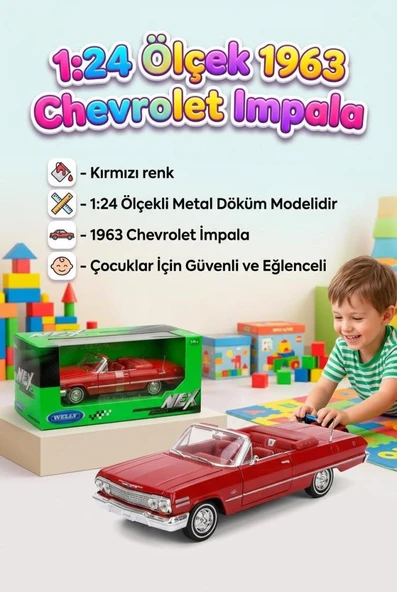 Welly 1:24 Ölçekli Lisanslı Orjinal 1963 Chevrolet Impala Kapıları Açılabilir Model Oyuncak Araba ürün görseli 1