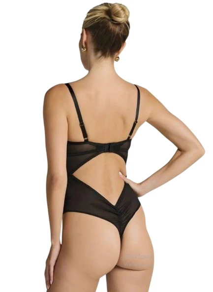 Siyah Bağcıklı Dantel String Body - Resim 2