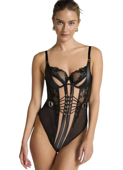Siyah Bağcıklı Dantel String Body ürün görseli 1