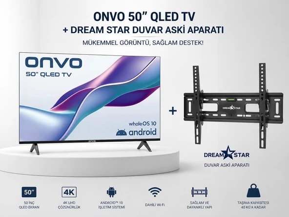 Onvo 50VQ80F2FA Full HD 50" 127 Ekran Uydu Alıcılı Smart QLED TV VE DUVAR ASKI APARATI ürün görseli 1