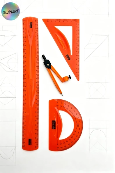 30 cm esnek kırılmaz cetvel takımı 4 lü set (CETVEL,PERGEL,AÇIÖLÇER VE PERGELLİ SET) turuncu ürün görseli 1