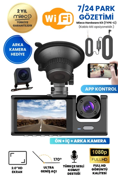 Mieco 1s Wifi / App /1080P / Fhd/ 170 Derece Ultra Geniş Açı/gece Görüş/ G-sensörü 3 Kameralı Araç Kamerası (2026) ürün görseli 1