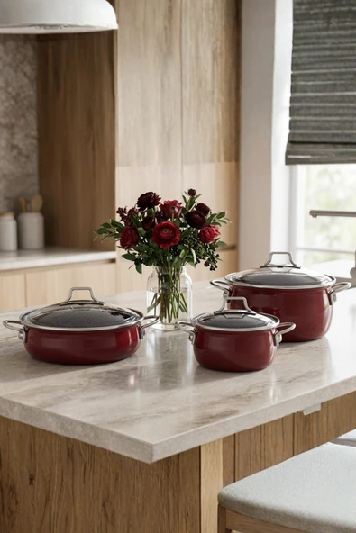 Bonera Emaye Vintage Güveç 6 Parça Tencere Seti(16-20-22 cm) Vişne Rengi ürün görseli 1