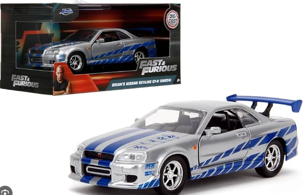 Jada 1/32 Fast And Furious BRİAN'S Nissan Skyline Gt-r R34 dikkat uzunluk 12cm ürün görseli 1