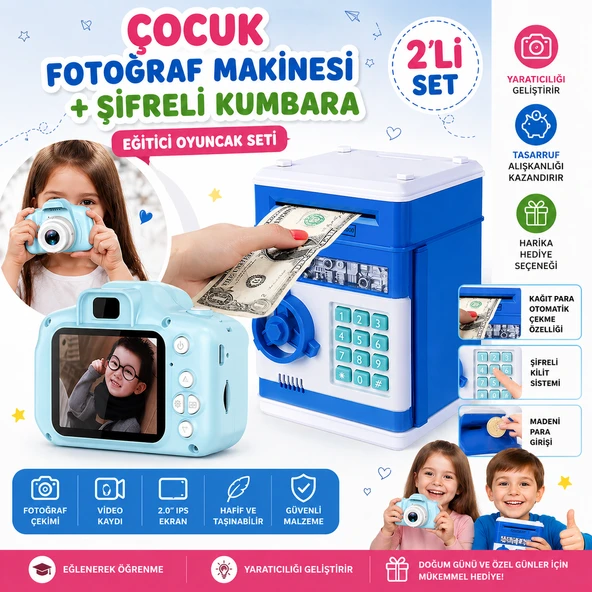 Çocuk Dijital Fotoğraf Makinesi + Şifreli Elektronik Kumbara Seti Eğitici Oyuncak Para Biriktirme & Fotoğraf Çekme ürün görseli 1