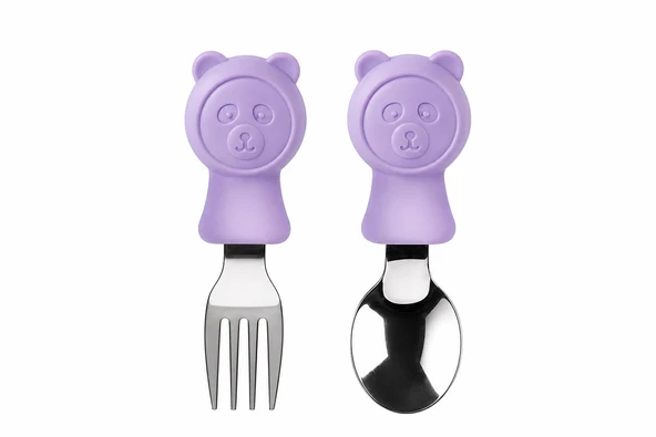 Valkyrie 304 Çelik Panda Bebek Kaşık Çatal SetiSilikon Saplı BPA İçermez Ergonomik Kaymaz Mor ürün görseli 1