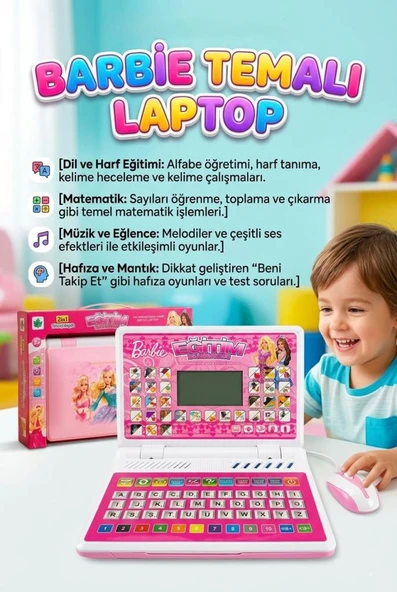 Sesli 100 Fonksiyonlu Barbie Temalı Fareli Türkçe ve İngilizce Destekli Eğitici Oyuncak Laptop ürün görseli 1