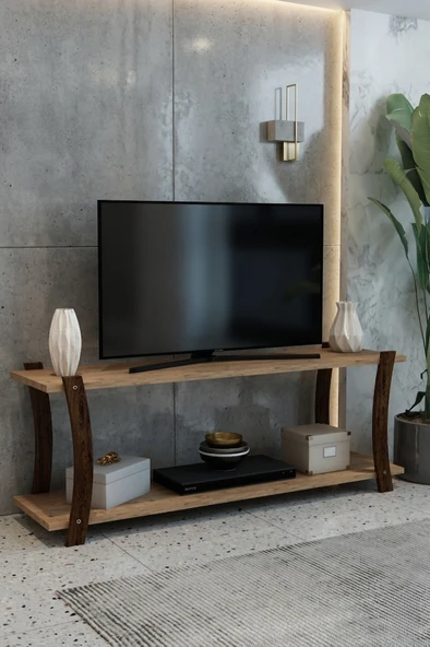 Doğal Çam Ahşap Raflı 120cm TV Ünitesi - Minimalist Medya Sehpası ürün görseli 1