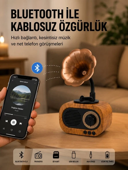 Mini Nostaljik Bluetooth Hoparlör FM Radyo 8 Saat Batarya ürün görseli 1
