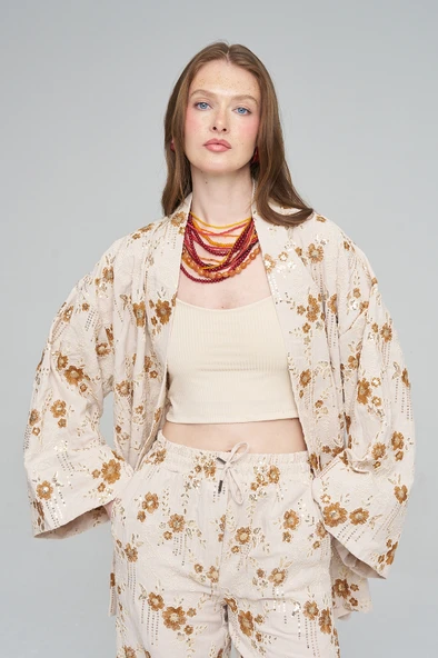 Kadın Etnik Çiçek Nakışlı Ve Payet İşlemeli Kimono ürün görseli 1