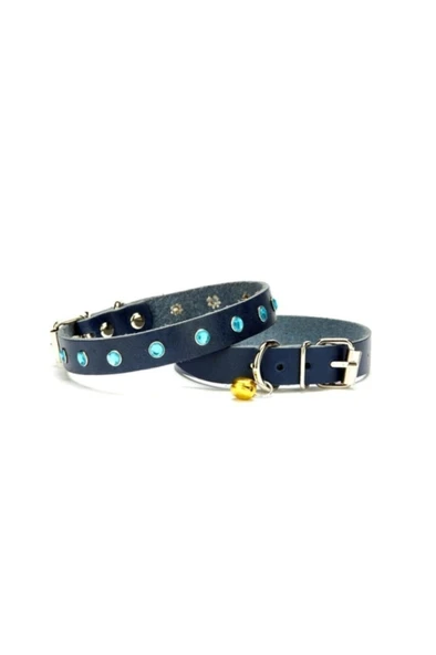 Cattie Gerçek Deriden El Yapımı Taşlı Kedi Boyun Tasması 1,5x28-32cm - Royal Blue ürün görseli 1