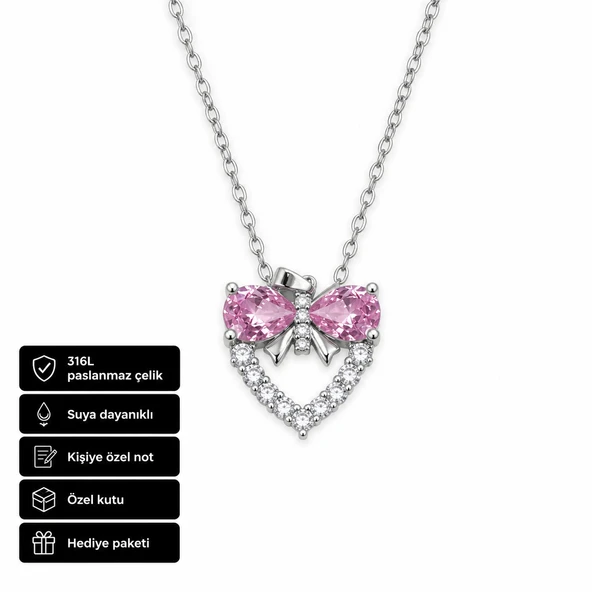 Pembe Taşlı Kalp Fiyonk Kolye 316L Çelik Kadın Hediye Kolye ürün görseli 1