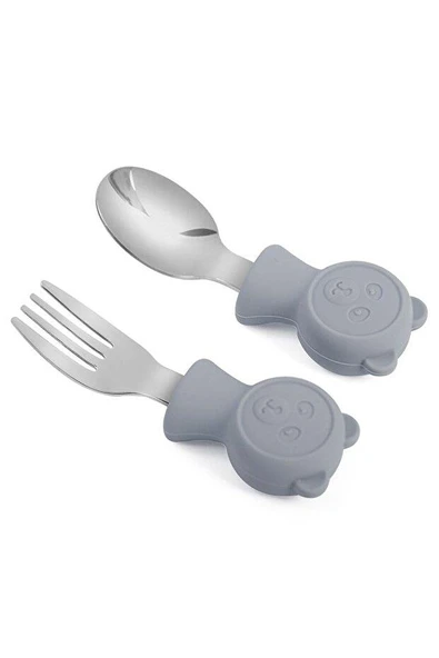 Valkyrie 304 Çelik Panda Bebek Kaşık Çatal SetiSilikon Saplı BPA İçermez Ergonomik Kaymaz Gri ürün görseli 1