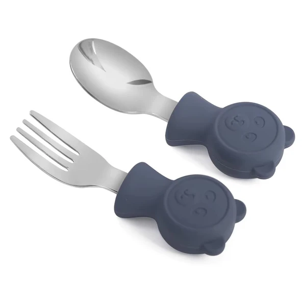 Valkyrie 304 Çelik Panda Bebek Kaşık Çatal SetiSilikon Saplı BPA İçermez Ergonomik Kaymaz Lacivert ürün görseli 1