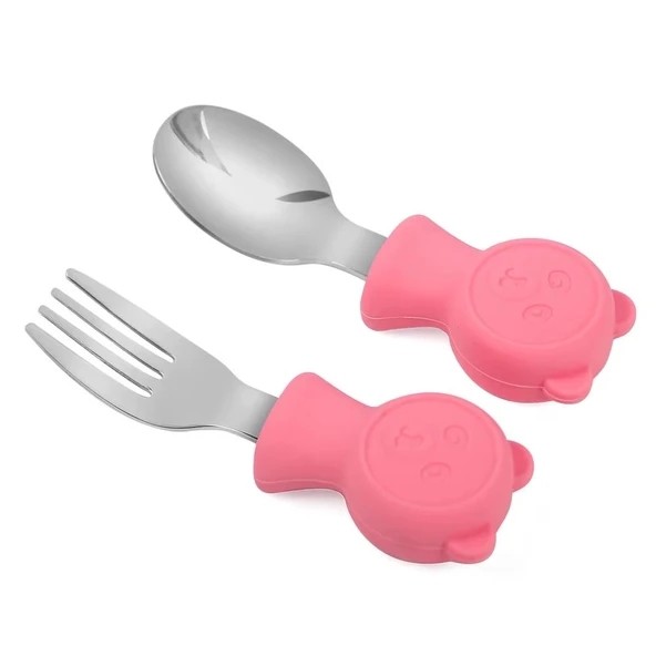 Valkyrie 304 Çelik Panda Bebek Kaşık Çatal SetiSilikon Saplı BPA İçermez Ergonomik Kaymaz Pembe ürün görseli 1