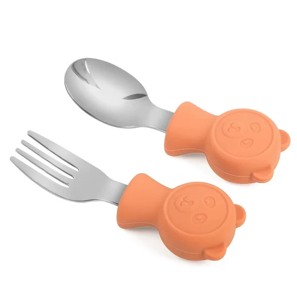 Valkyrie 304 Çelik Panda Bebek Kaşık Çatal SetiSilikon Saplı BPA İçermez Ergonomik Kaymaz Turuncu ürün görseli 1