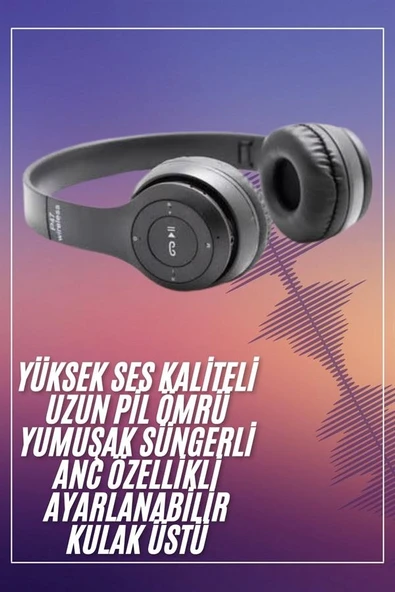 Bluetooth Kablosuz Kulaklık Siyah Wireless 5.0 Kulak Üstü Uzun Pil Ömrü ürün görseli 1