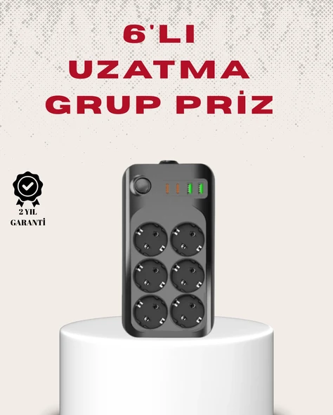 6’Lı Grup Priz Termal Korumalı Usb Type-C Çoklu Priz 2 Metre Kablo ürün görseli 1