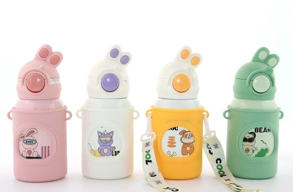 Tavşan Kulaklı Pipetli Çocuk Termosu - 500 Ml Paslanmaz Çelik Suluk Alk2309 ürün görseli 1