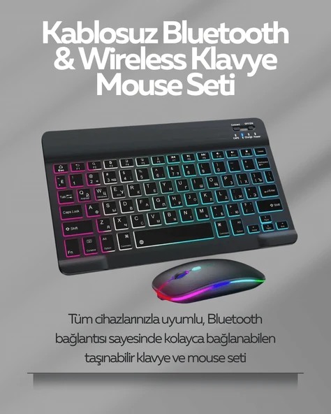 Tüm Cihazlarla Uyumlu Rgb Işıklı Kablosuz Klavye Mouse Seti ürün görseli 1