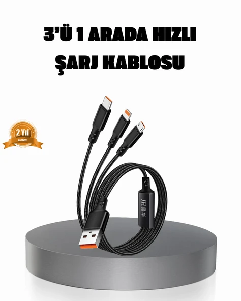 3’Ü 1 Arada Şarj Kablosu Type-C İos Android Uyumlu Hızlı Güvenli Şarj ürün görseli 1