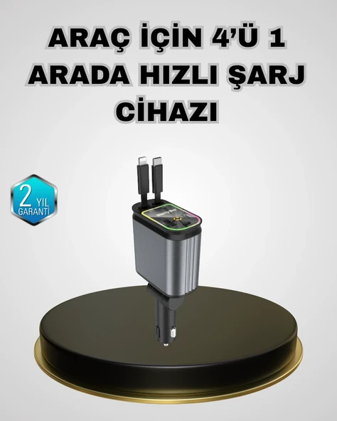 Araç Şarj Adaptörü 66W Pd Qc Hızlı Şarjlı Çekilebilir Kablolu ürün görseli 1