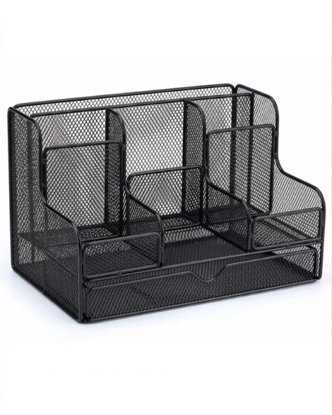 Temel Siyah Metal Mesh Masaüstü Organizer Çekmeceli Çok Bölmeli 25x17x16 cm 9527B ürün görseli 1